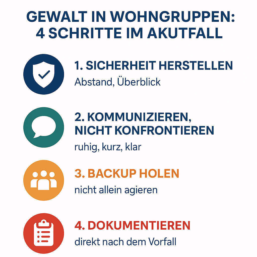 Infografik: 4 Handlungsschritte bei Gewalt in Wohngruppen