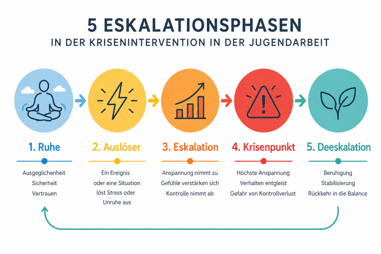 Die 5 Phasen der Krise - von Ruhe bis Nachbereitung: Ein Orientierungsrahmen für pädagogische Teams.