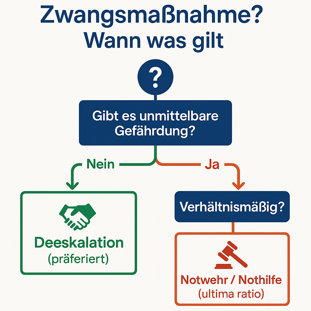 Infografik: Deeskalation vs. Zwangsmaßnahmen – Entscheidungsbaum