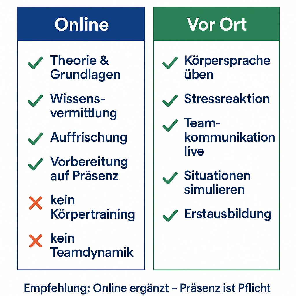Infografik: Deeskalationstraining online vs. vor Ort – Vergleich